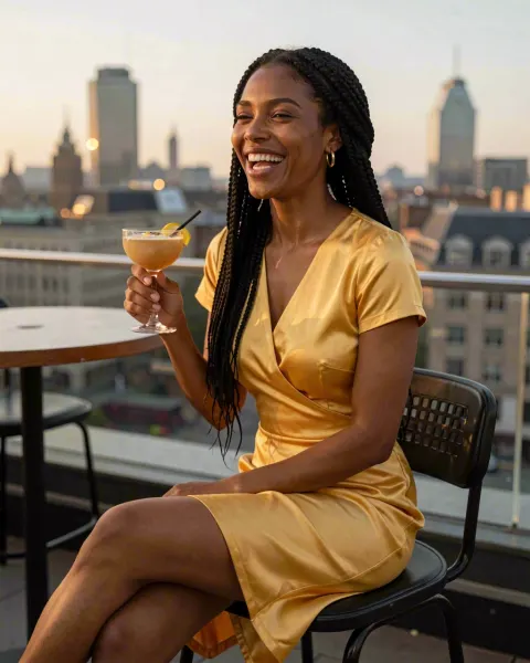 Imani, an AI character, laughing with a cocktail on a rooftop at sunset in a gold satin wrap dress
