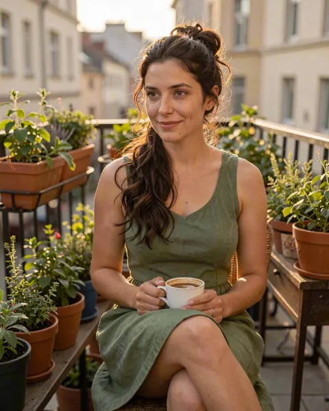Nadia, an AI character, holding a coffee on a garden balcony in a green sundress